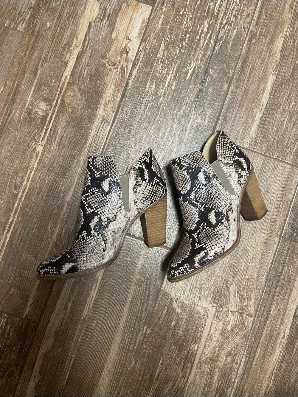 Vince Camuto Neutral Snake Print Block Heel Booties